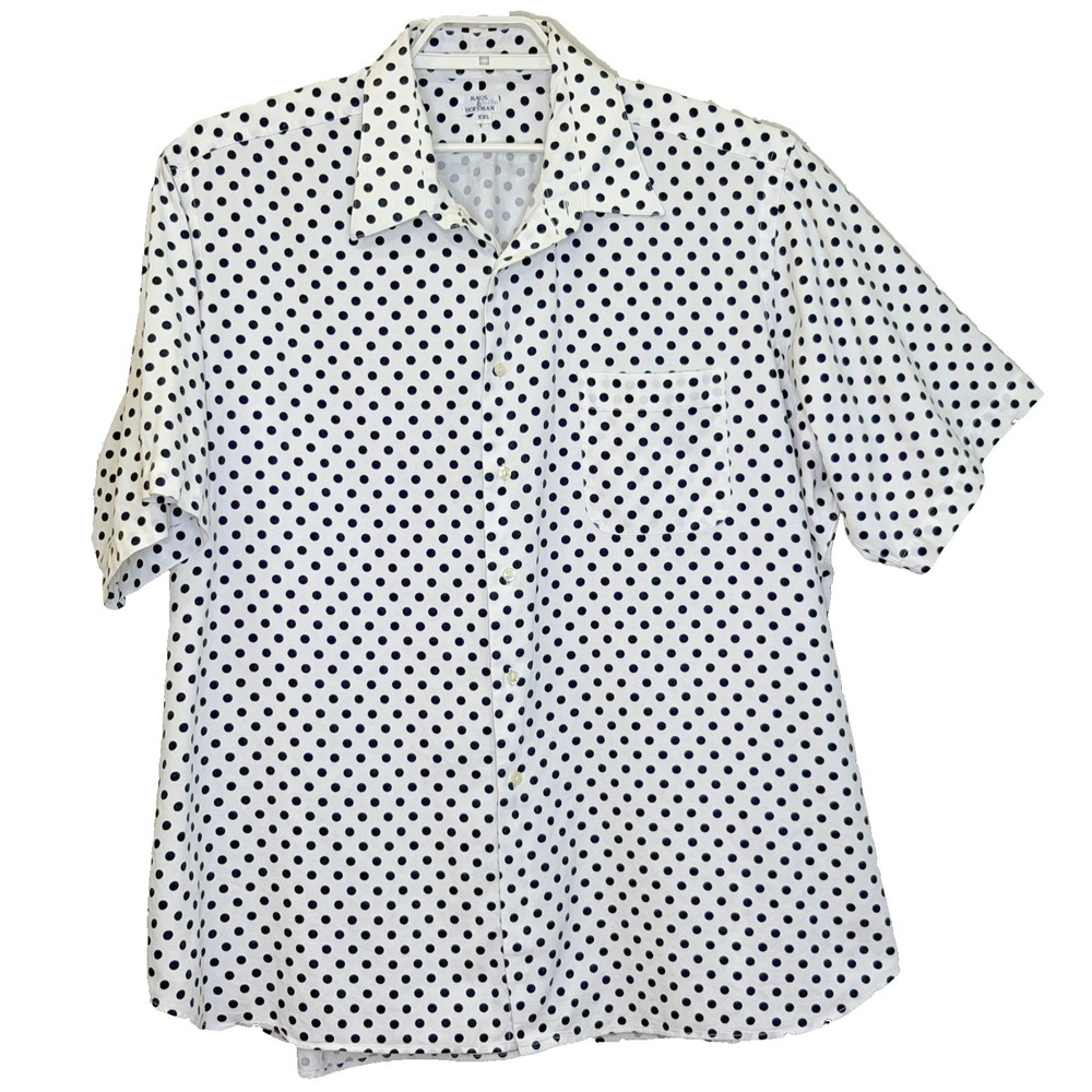 Maus & Hoffman Button Front Shirt Mens XXL White w/ Blue Polka Dots Short Sleeve